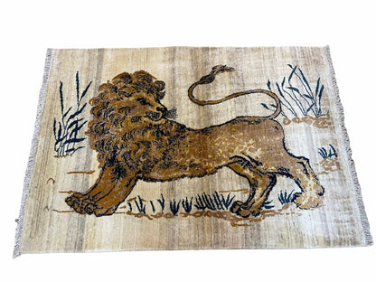Handmade Wool Rug Hand Knotted Lion Vintage 3.5x4 New Organic Dyes