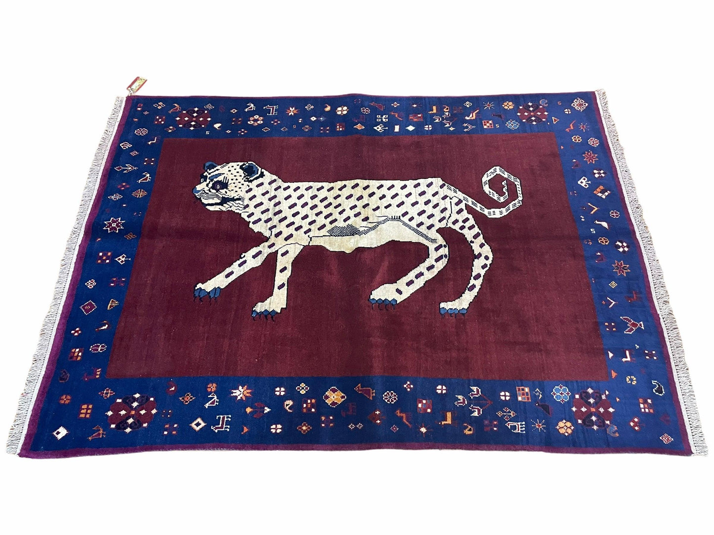 Zagros Wool Rug 5x7 Handmade With Organic Dyes Snow White Panther Maroon Blue
