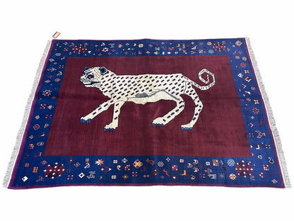 Zagros Wool Rug 5x7 Handmade With Organic Dyes Snow White Panther Maroon Blue