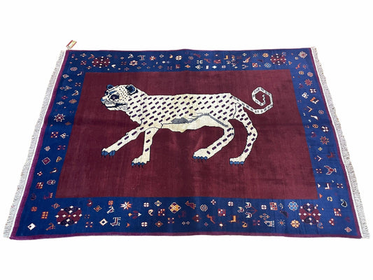 Zagros Wool Rug 5x7 Handmade With Organic Dyes Snow White Panther Maroon Blue