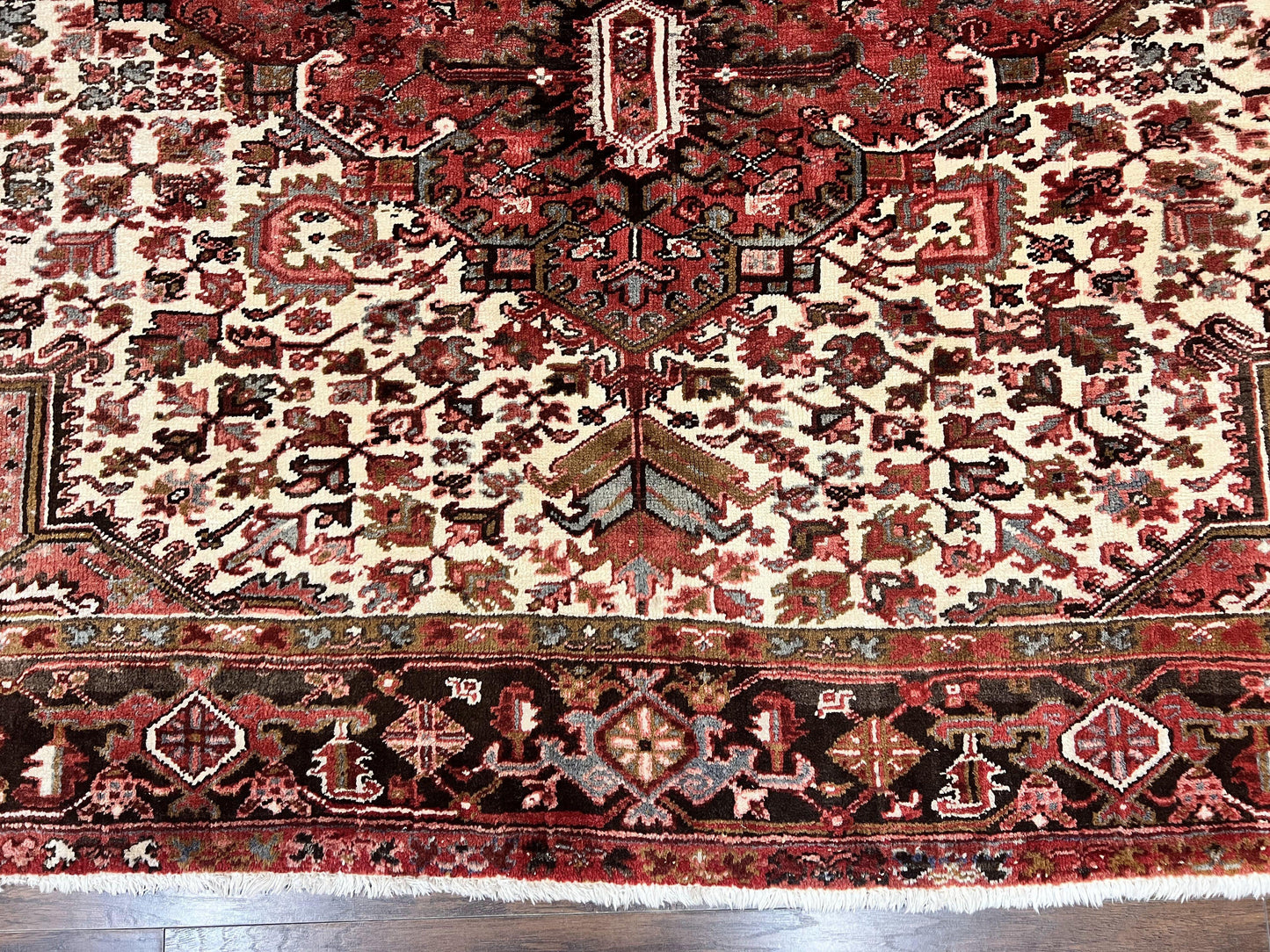 Persian Heriz Rug 10x13 Handmade Wool Hand Knotted Red Cream Geometric Tribal Semi Antique Carpet