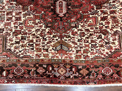 Persian Heriz Rug 10x13 Handmade Wool Hand Knotted Red Cream Geometric Tribal Semi Antique Carpet