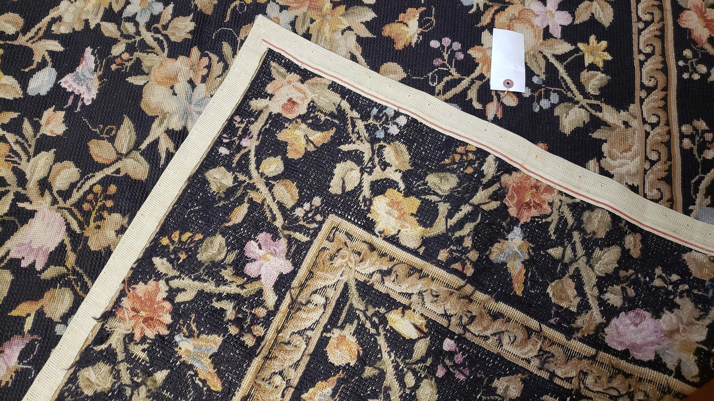 Vintage Needlepoint Rug 6x9 Butterflies Floral Design Wool Handcrafted