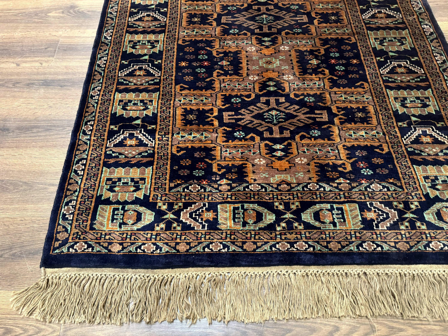 Vintage Afghan Rug 4x6 Hand Knotted Wool Geometric Medallions Navy Blue and Light Brown Tribal Style