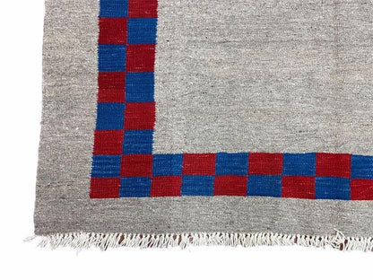 Turkish Kilim Rug Hand Knotted Wool Geometric Gray Blue Red Border 5 Ft 7 In By 7 Ft 7 In