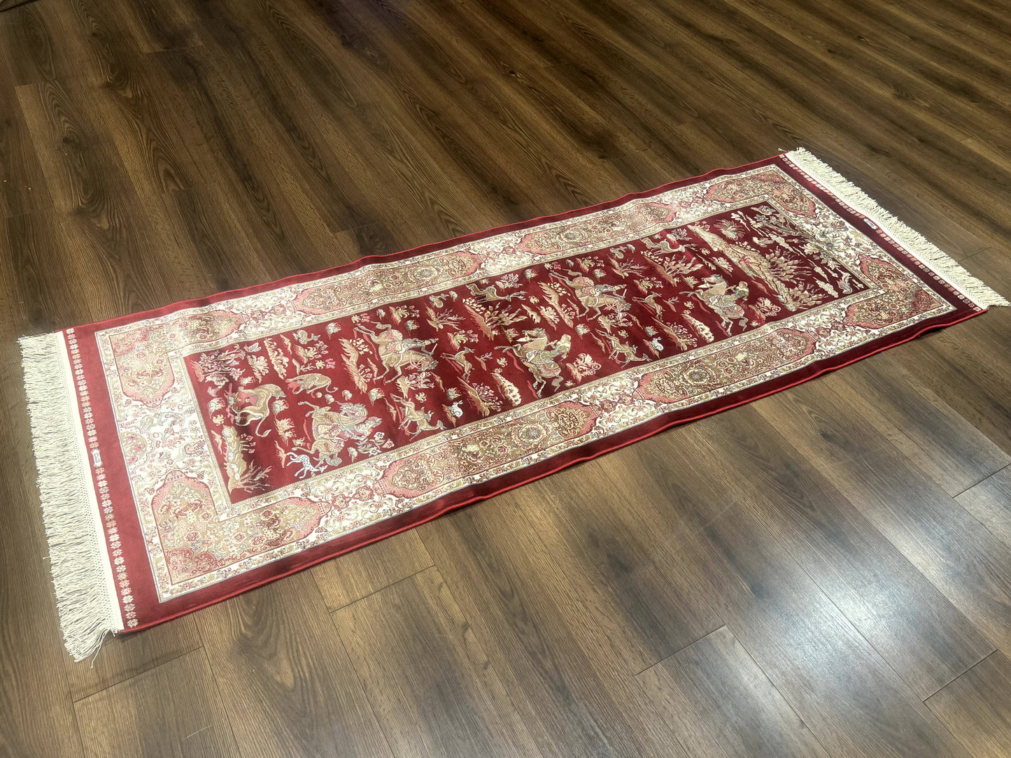 Turkish Silk Rug Runner 2.6 By 6.7 Red Ivory Hunting Design Bamboo Silk Contemporary