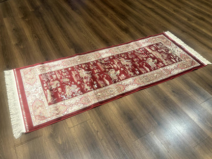 Turkish Silk Rug Runner 2.6 By 6.7 Red Ivory Hunting Design Bamboo Silk Contemporary