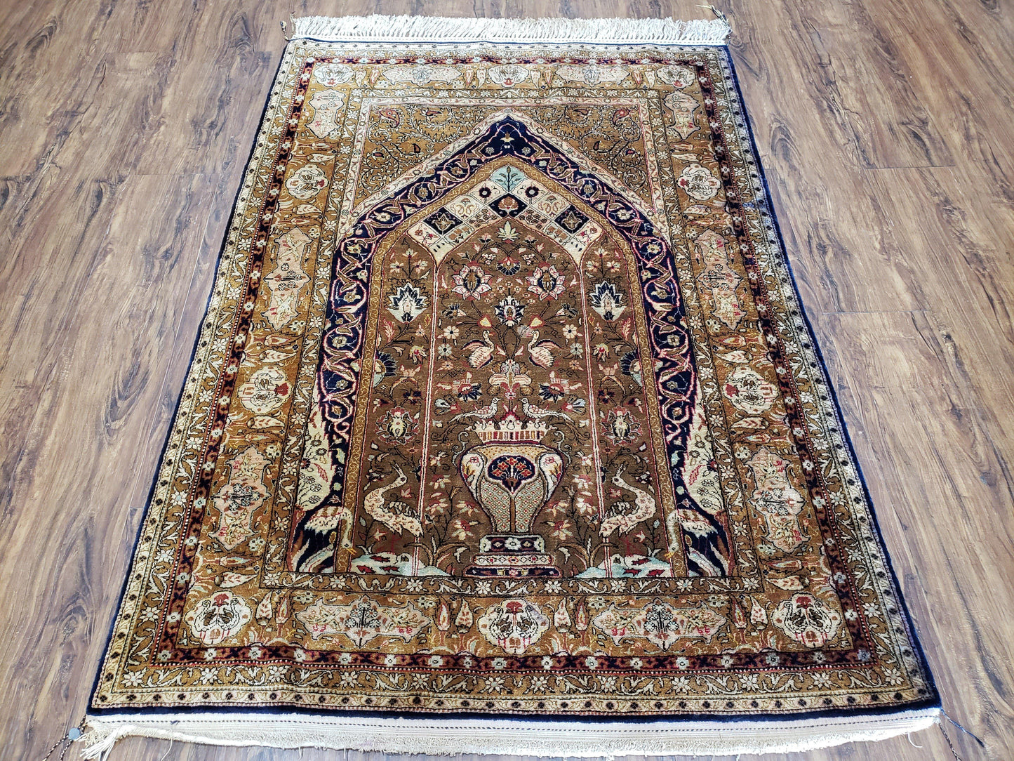 Persian Qum Silk Prayer Rug Hand Knotted 3ft 6in by 5ft Semi Antique