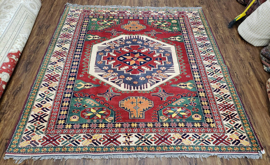 Turkish Kazak Rug Vintage Hand Knotted Wool 6x6 Square Geometric Carpet