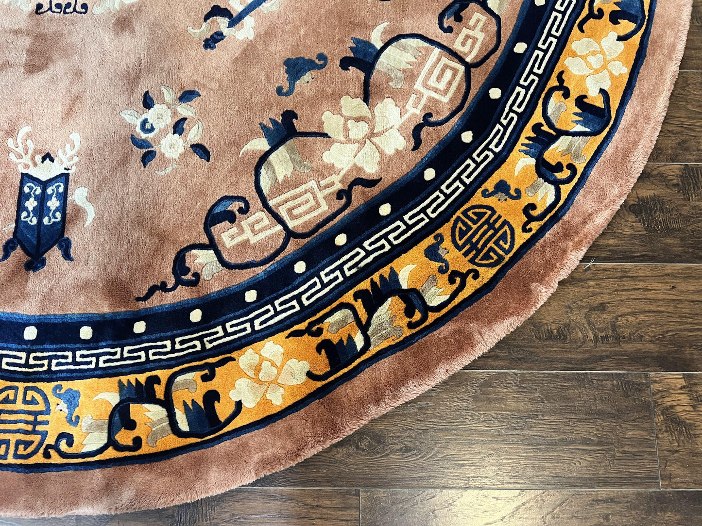 Antique Round Chinese Wool Rug 8x8 Feet Hand Knotted Peking Carpet Oriental Art Deco