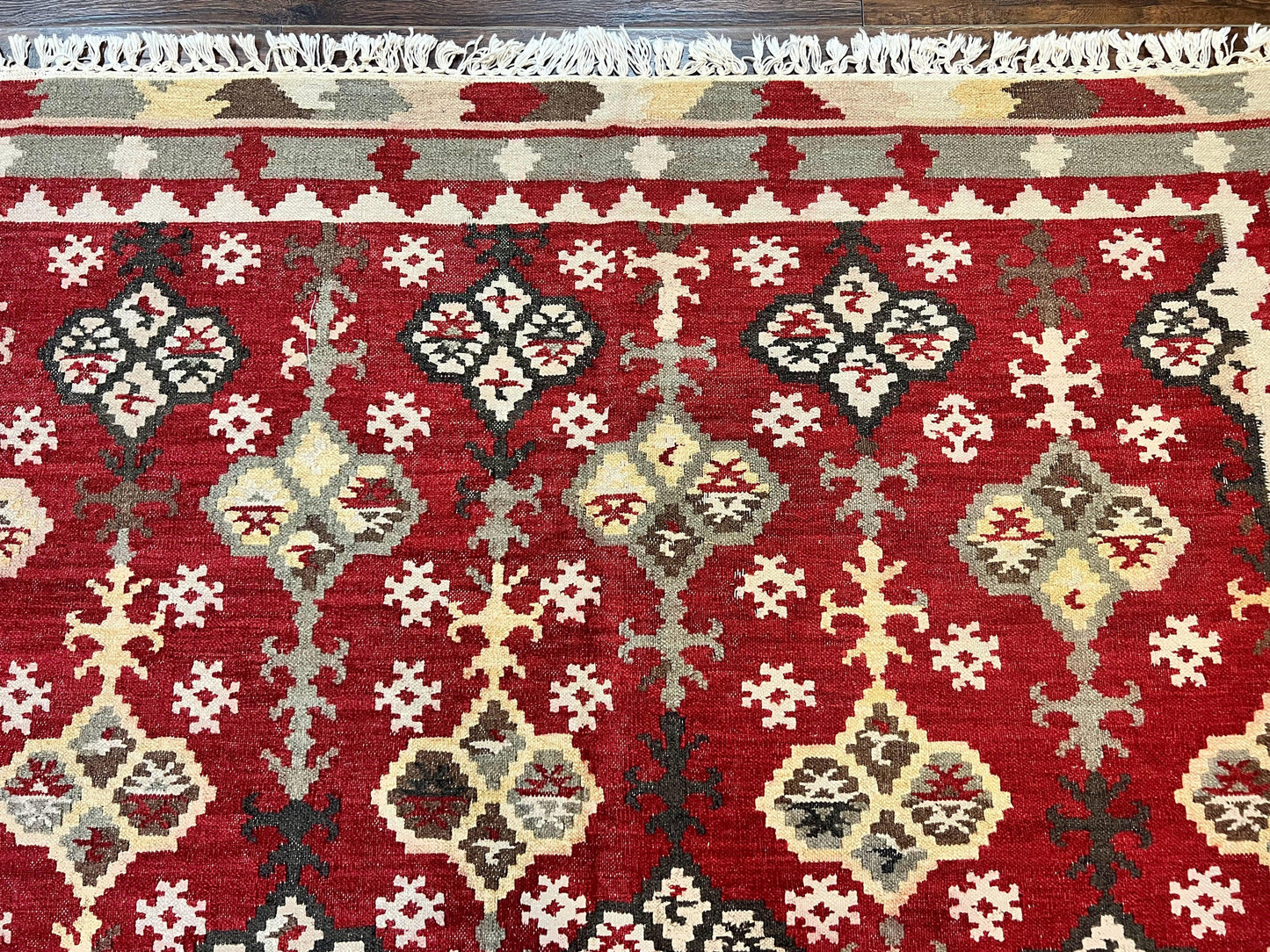 Indian Kilim Rug 6x6 Square Flatweave Wool Carpet Vintage Handmade Red