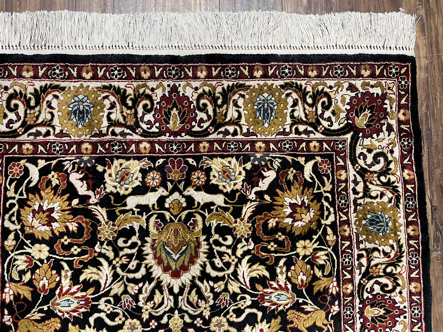 Sino Persian Silk Rug 3x5 Vintage Hand Knotted Carpet Black Ivory Gold With Floral And Animal Motifs