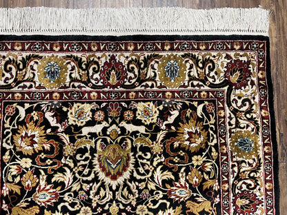 Sino Persian Silk Rug 3x5 Vintage Hand Knotted Carpet Black Ivory Gold With Floral And Animal Motifs