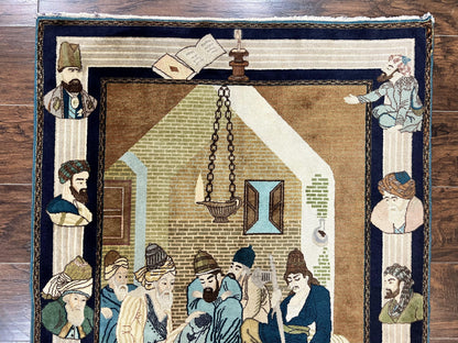 Persian Tabriz Pictorial Rug 3x5 Hand Knotted Wool Wall Hanging Vintage Semi Antique