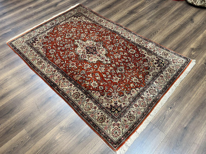 Persian Qum Silk Rug 5x7 Floral Medallion Birds Orange Red Hand Knotted