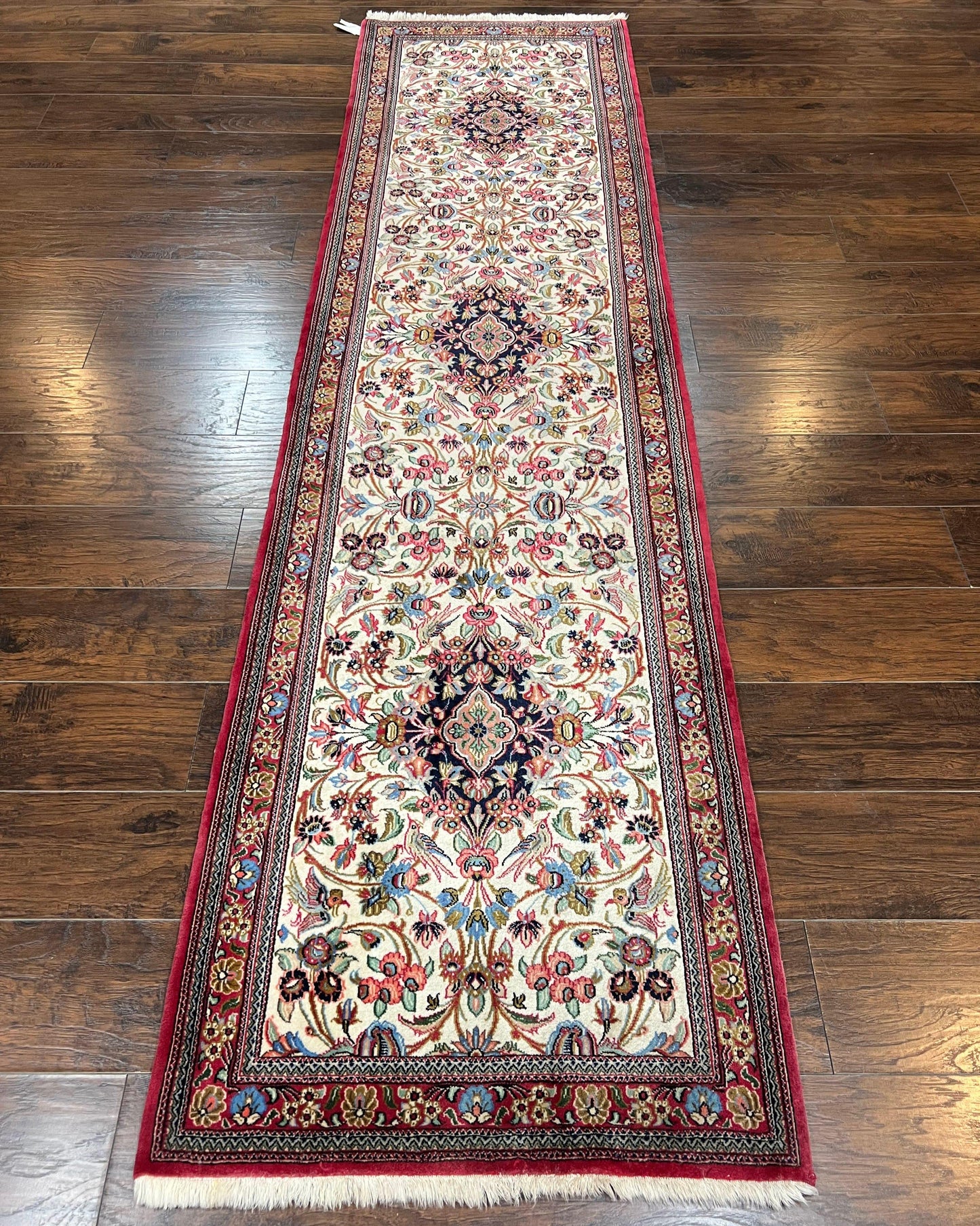 Persian Qum Runner Rug 2.8 x 10 Feet Hand Knotted Wool Floral Medallions With Birds