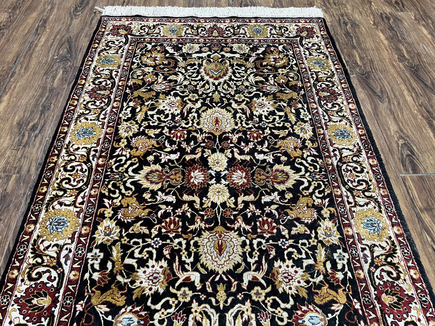 Sino Persian Silk Rug 3x5 Vintage Hand Knotted Carpet Black Ivory Gold With Floral And Animal Motifs