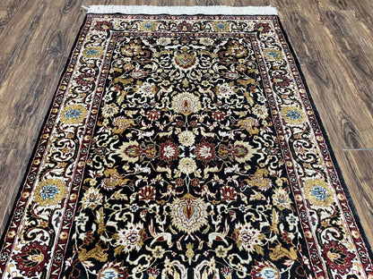 Sino Persian Silk Rug 3x5 Vintage Hand Knotted Carpet Black Ivory Gold With Floral And Animal Motifs