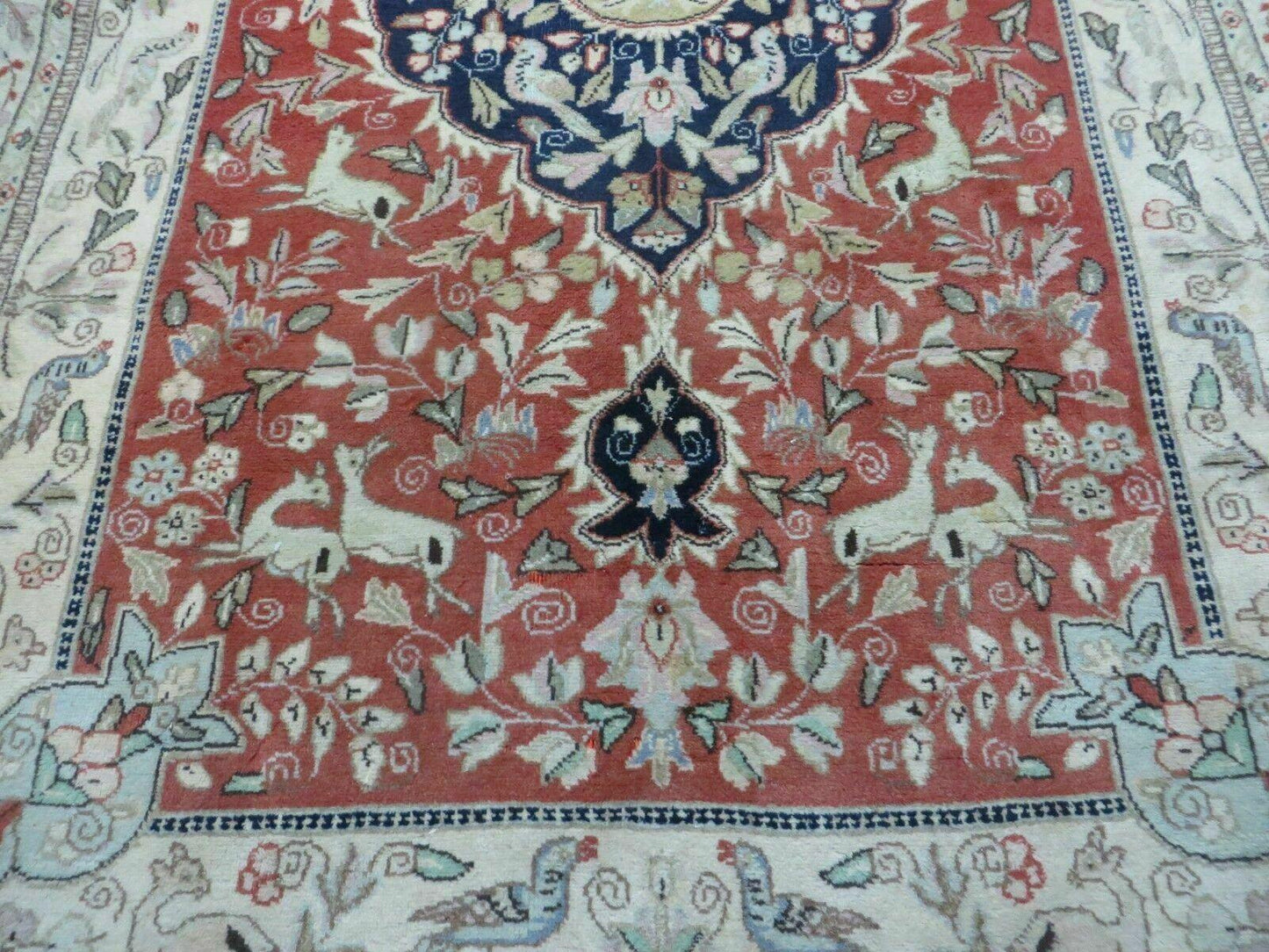 Vintage Indian Wool Rug Hunting Birds And Deer Oriental Floral Design 6 By 9