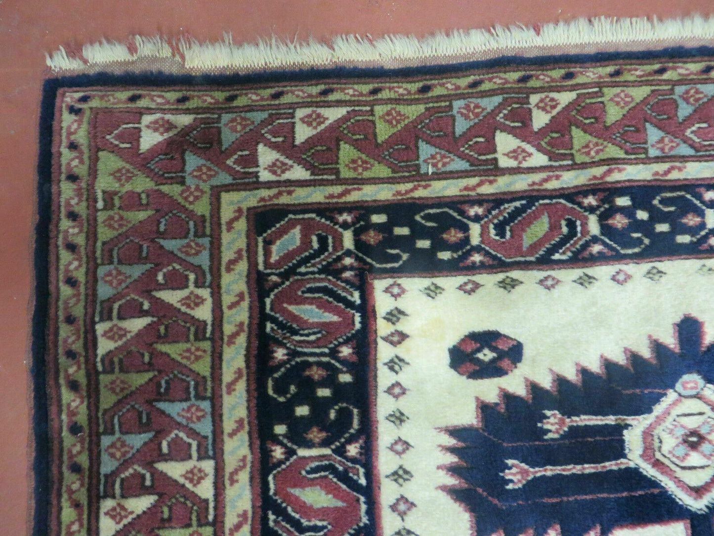 Vintage Turkish Geometric Wool Rug Handmade 1960s 41x51 Allover Pattern