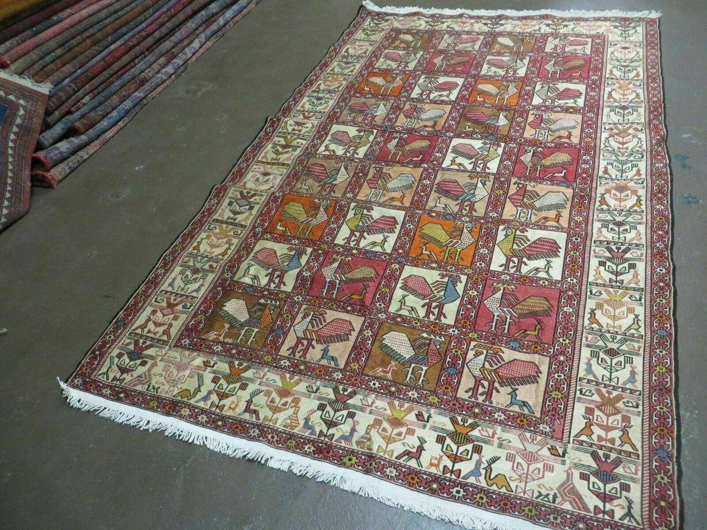 Vintage Russian Kilim Rug Handmade Flat Weave Soumak Silk Wool 4x6 Roosters Birds