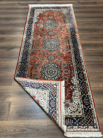 Turkish Silk Runner Rug 3x8 Hand Knotted Red Floral Medallions Vintage Kayseri
