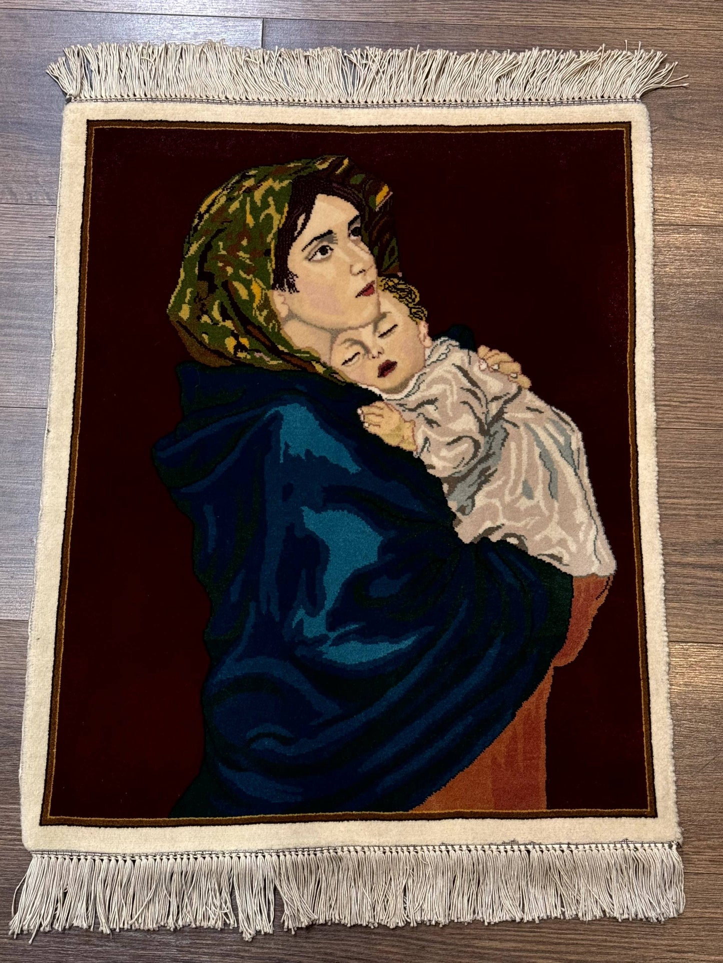 Persian Tabriz Pictorial Rug 2x2 Mother Holding Child Very Fine 340 KPSI Maroon