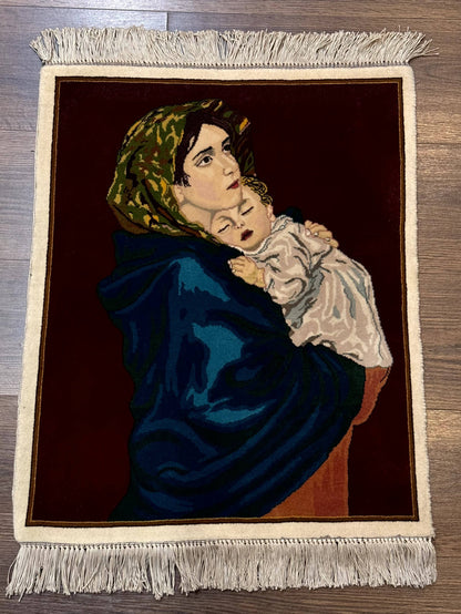 Persian Tabriz Pictorial Rug 2x2 Mother Holding Child Very Fine 340 KPSI Maroon