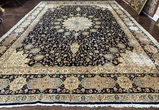 Persian Kerman Rug 10x14 Navy Blue Beige Floral Medallion Traditional Carpet Signed by Masterweaver