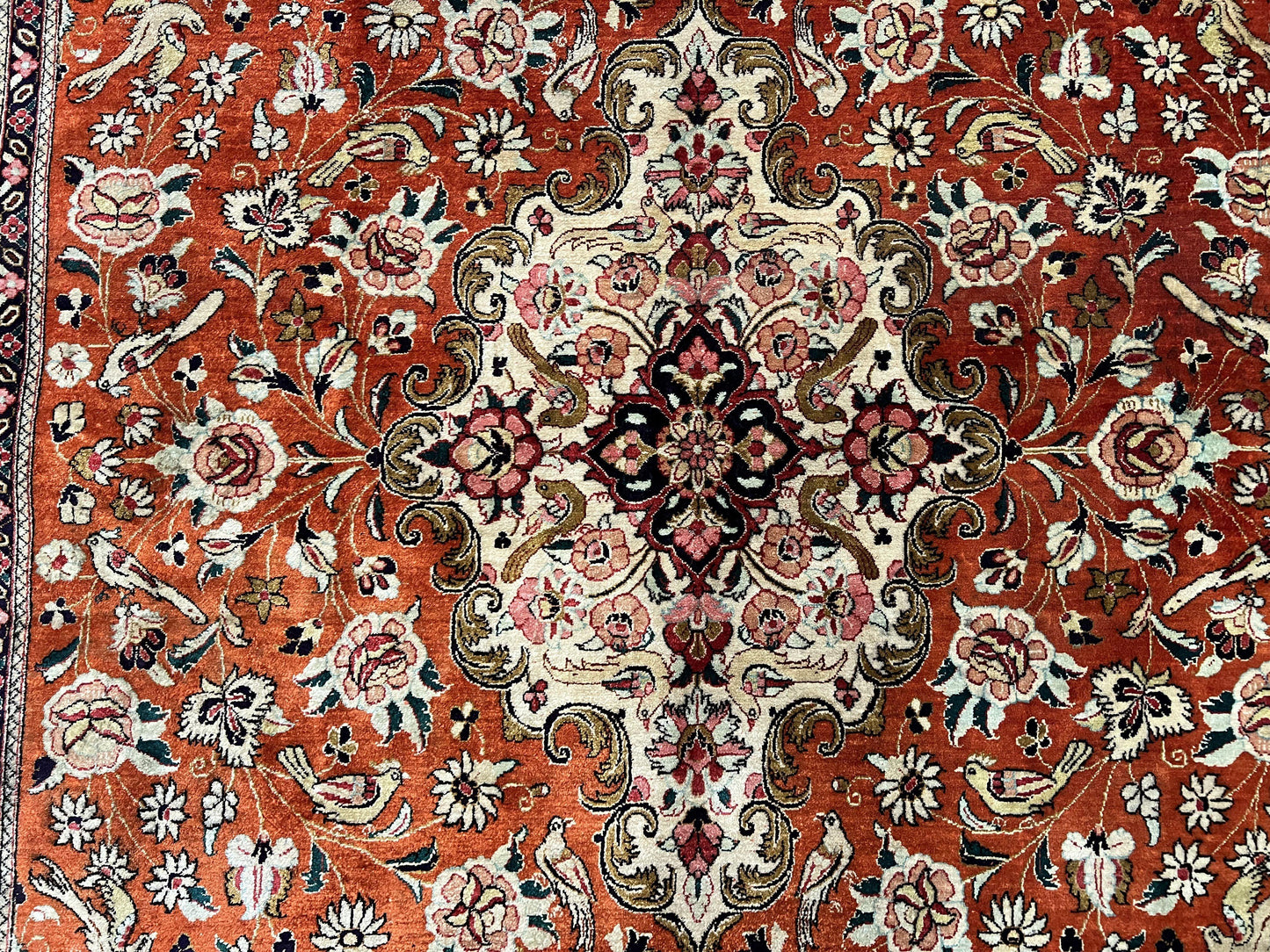 Persian Qum Silk Rug 5x7 Floral Medallion Birds Orange Red Hand Knotted