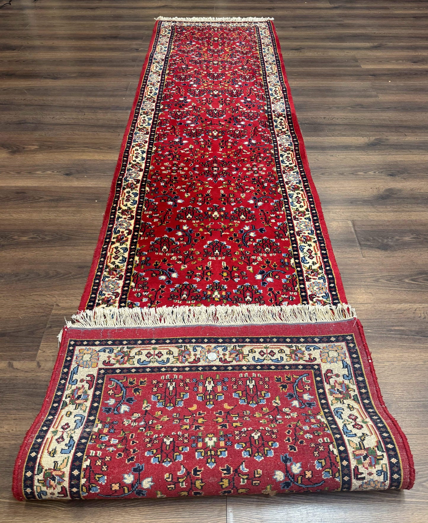 Indo Persian Sarouk Runner Rug 3x12 Hand Knotted Vintage Red And Cream Allover Pattern