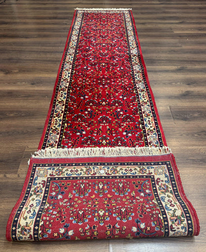 Indo Persian Sarouk Runner Rug 3x12 Hand Knotted Vintage Red And Cream Allover Pattern