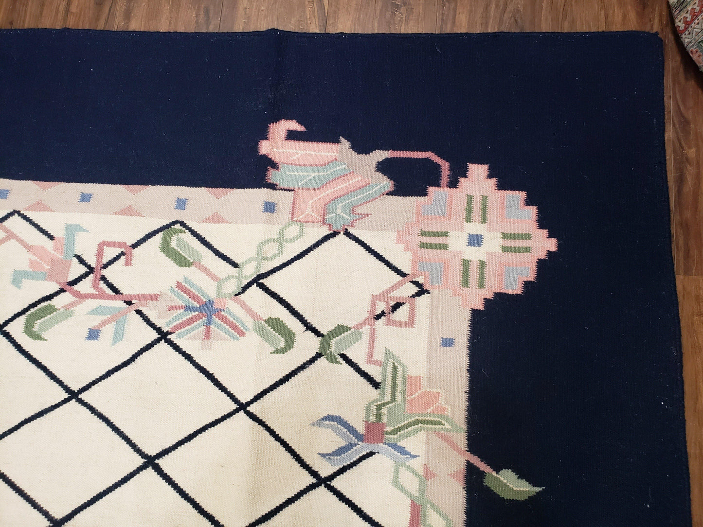 Vintage Wool Dhurrie Rug Handwoven Indian Kilim Flatweave Black White