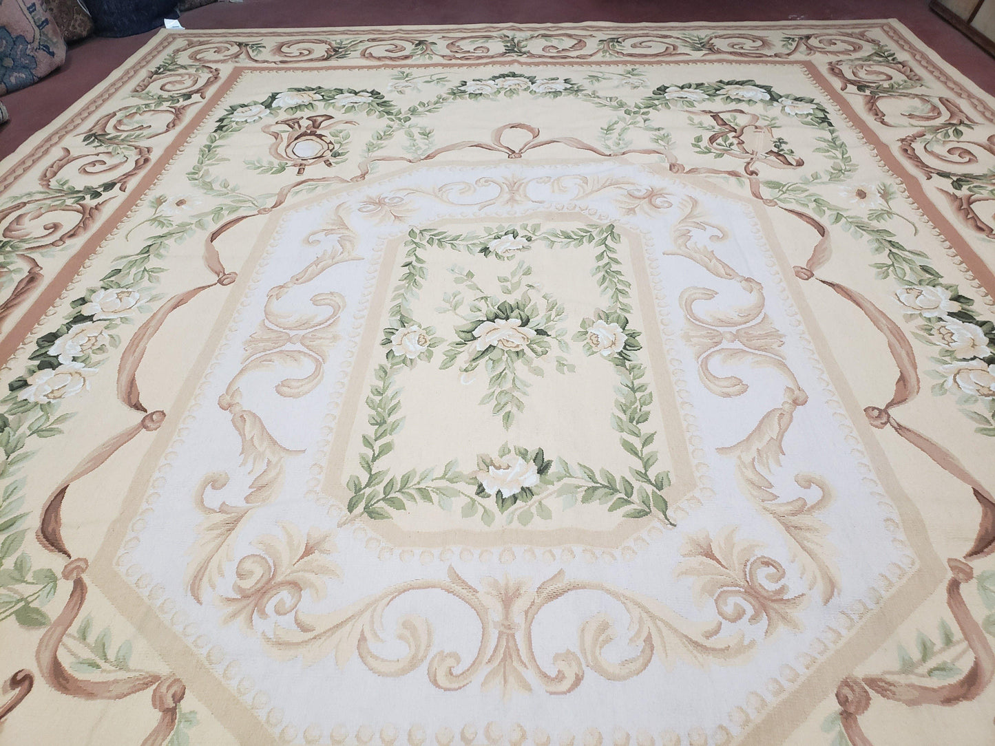 Aubusson Rug 10 X 14 Handwoven Wool Carpet Cream Ivory European Style