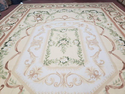Aubusson Rug 10 X 14 Handwoven Wool Carpet Cream Ivory European Style
