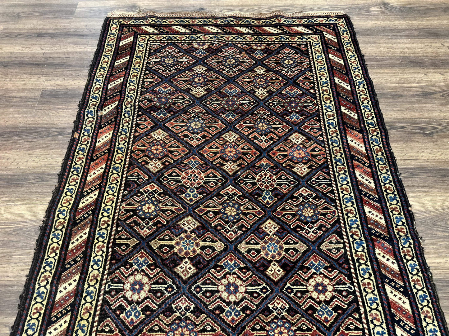 Antique Persian Rug Kurdish Runner 4x9 Panel Design Rainbow Border Rare Tribal Rug