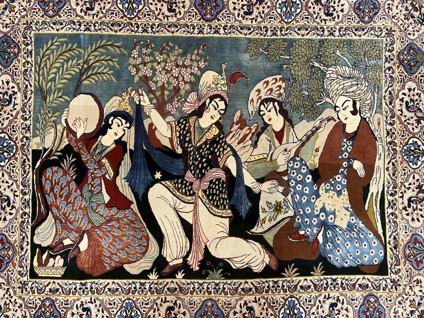 Persian Pictorial Rug Five By Four Feet Isfahan Kork Wool On Silk Foundation Master Weaver Signature Birds And Drums