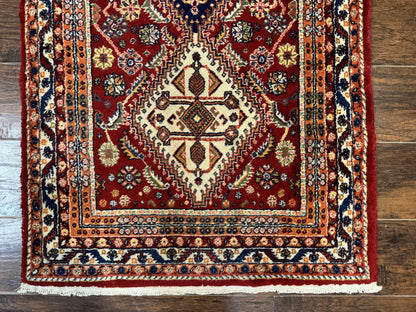 Persian Qashqai Runner Rug 3x13 Wool Hand Knotted Red Ivory Blue Geometric Medallions
