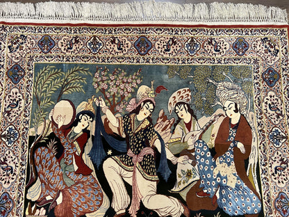 Persian Pictorial Rug Five By Four Feet Isfahan Kork Wool On Silk Foundation Master Weaver Signature Birds And Drums