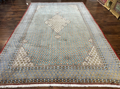 Qum Persian Rug Hand Knotted Wool 8x12 Vintage Star Motifs Blue Ivory