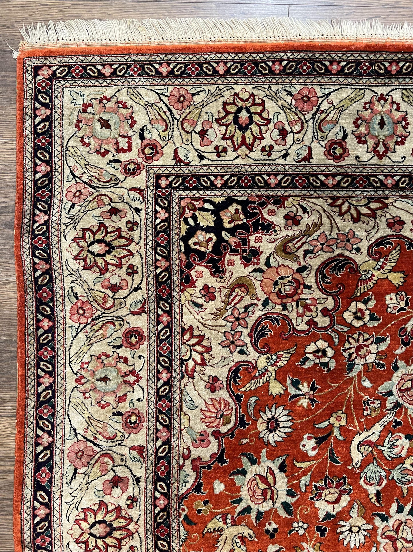 Persian Qum Silk Rug 5x7 Floral Medallion Birds Orange Red Hand Knotted