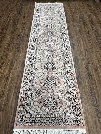 Silk Kashmiri Runner Hand Knotted Vintage Hallway Carpet Ivory Pink Medallion