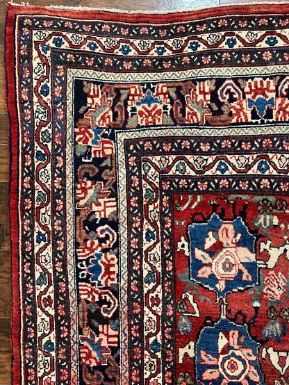 Antique Persian Bijar Rug 9x12 Allover Motif Red Blue Wool Handmade