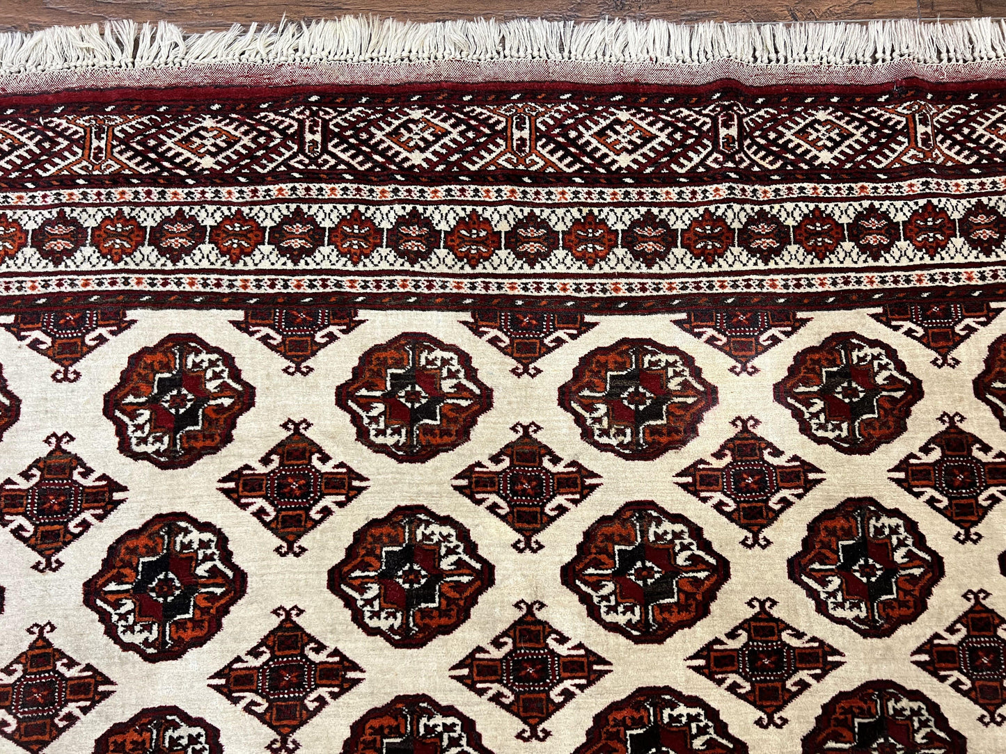 Persian Turkoman Rug Yamud 7x8 Hand Knotted Cream Red Bohemian Tribal Carpet