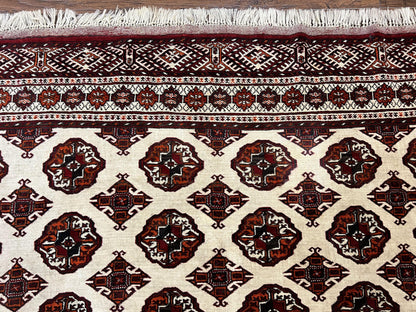 Persian Turkoman Rug Yamud 7x8 Hand Knotted Cream Red Bohemian Tribal Carpet