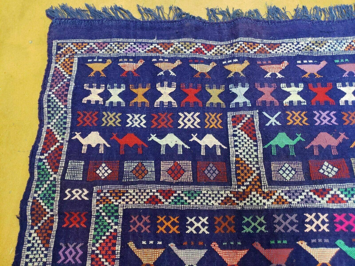 Kilim Rug Vintage Indian Wool Blue Birds Runner