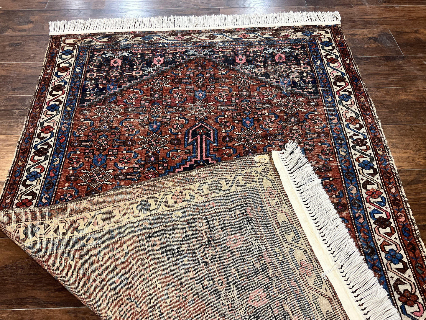 Red Persian Hamadan Rug 4x6 Hand Knotted Wool Geometric Medallion Rug