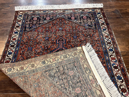 Red Persian Hamadan Rug 4x6 Hand Knotted Wool Geometric Medallion Rug