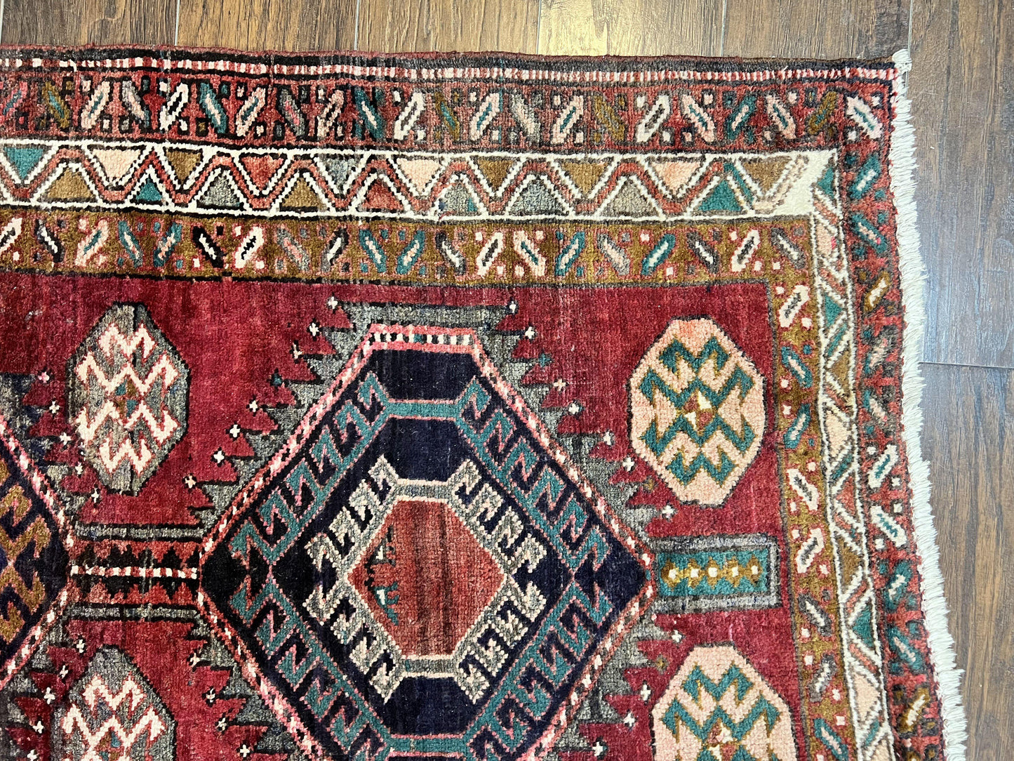 Persian Heriz Runner Rug 3.8 By 8.6 Hand Knotted Wool Geometric Triple Medallions Hallway Decor