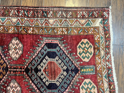 Persian Heriz Runner Rug 3.8 By 8.6 Hand Knotted Wool Geometric Triple Medallions Hallway Decor